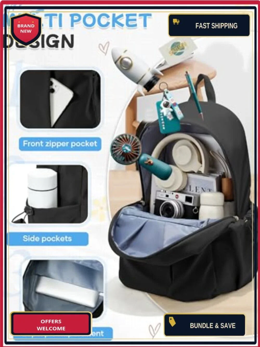 Water-Resistant Nylon Backpack with Padded Straps, 15-Inch Laptop Compartment